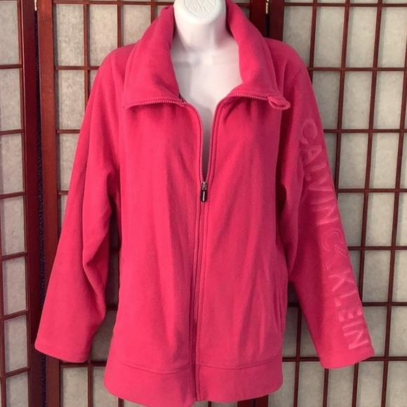 CALVIN KLEIN Performance Fleece 1X Zip Up Coat Pink Jacket Plus Size Logo Sleeve - Picture 1 of 7